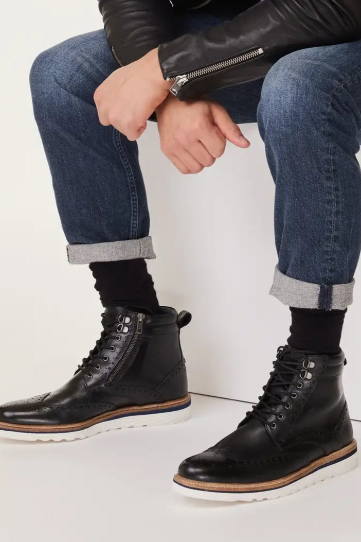 Linton Black Brogue Boot – Goodwin Smith Modern Leather Wedge Sole