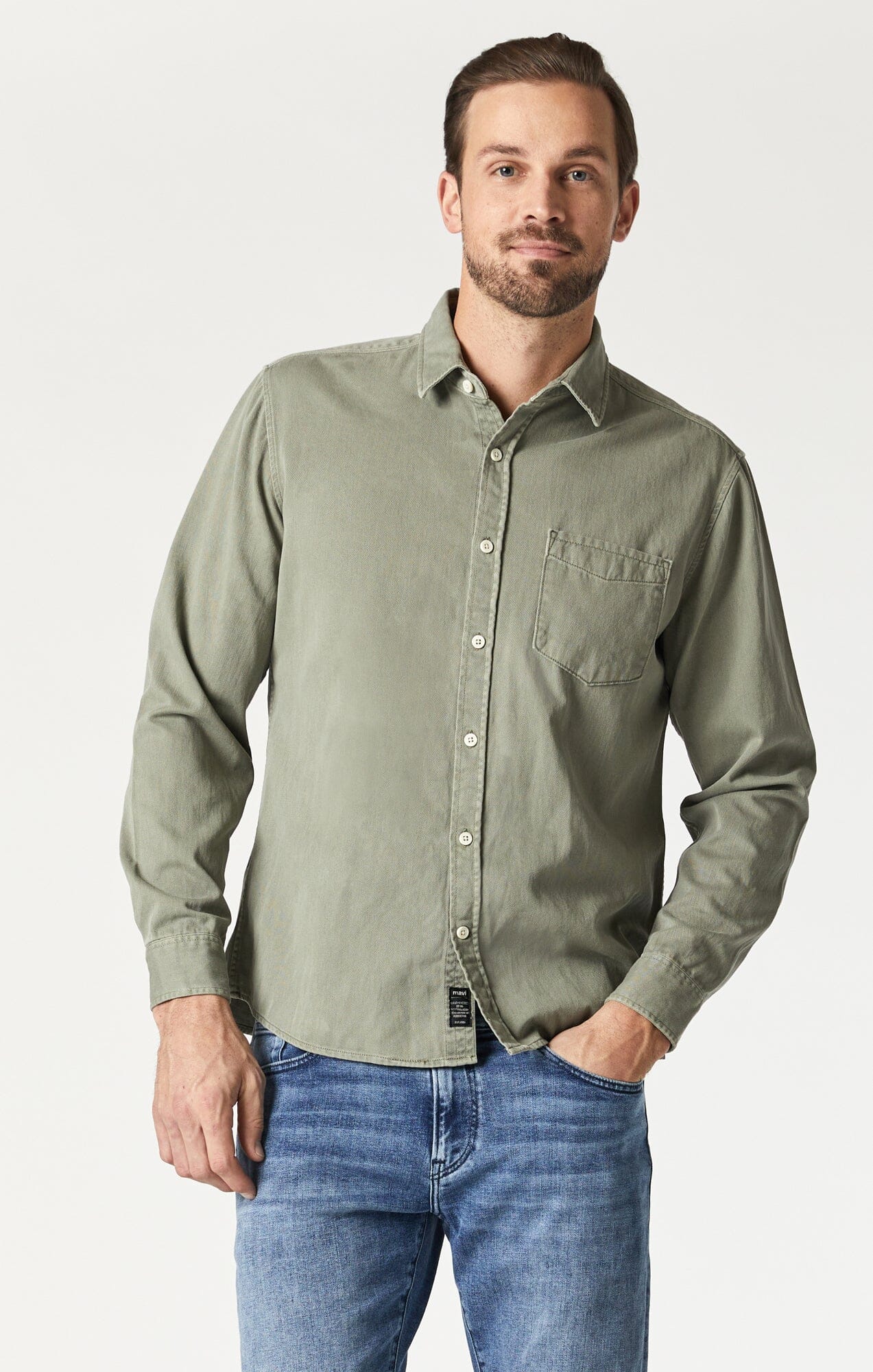 MAVI: Long Sleeve Pocket Button-Down Shirt in Agave Green