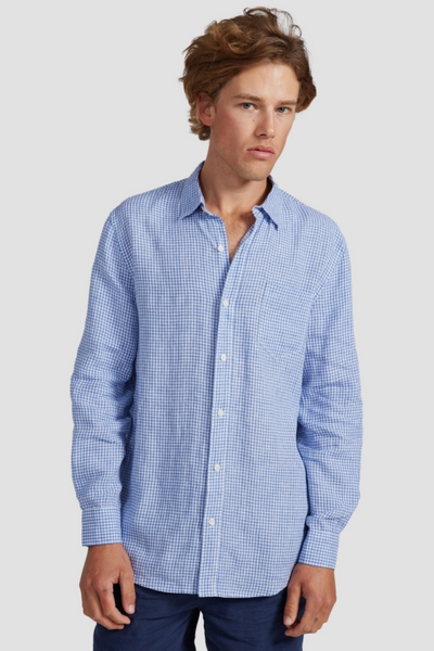 blue check linen shirt