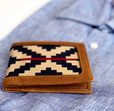 stick & ball: leather & woven wallet - navy w/ red stripe